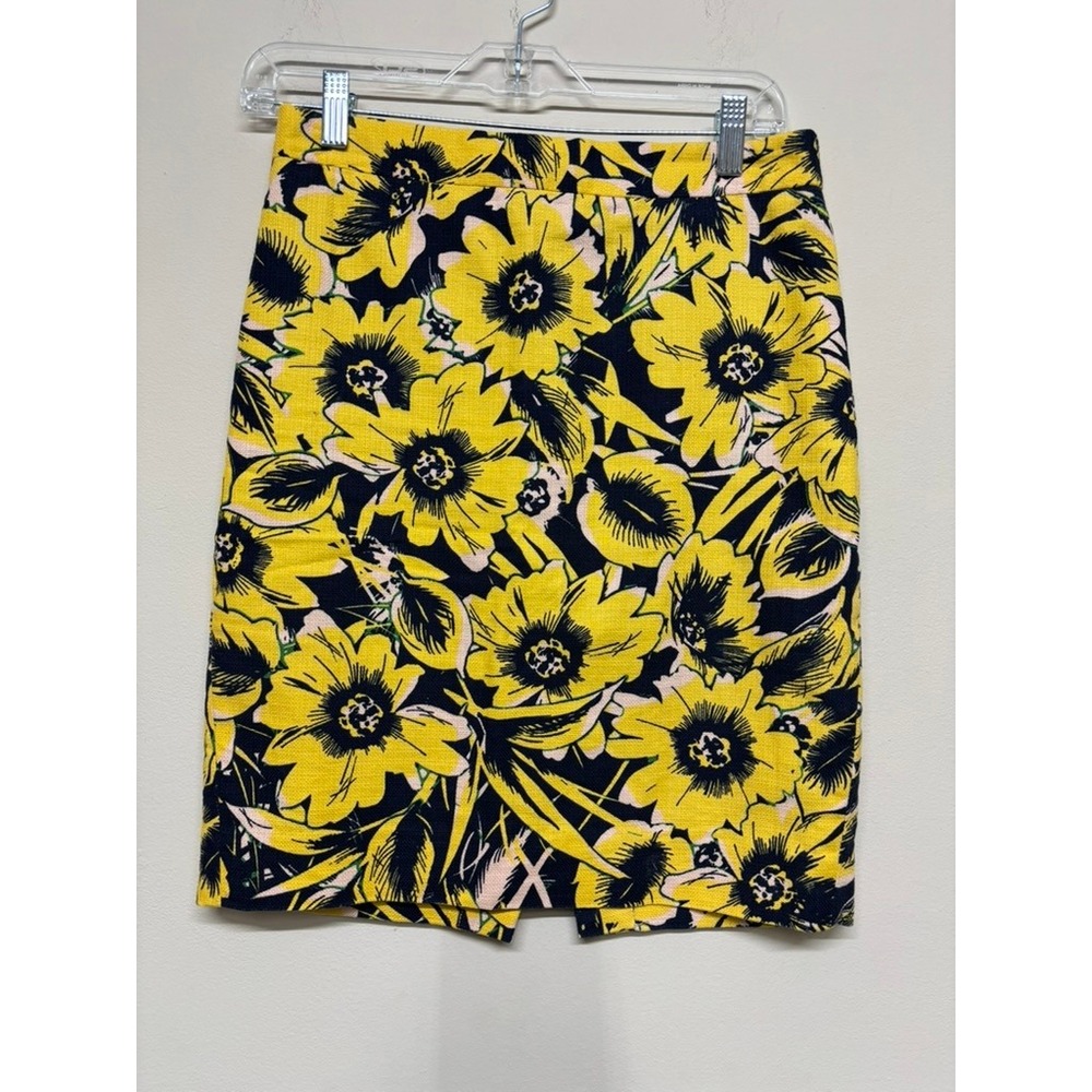 J. Crew Pencil Skirt Size 0 Yellow Floral‎ Cotton Lined Career Workwear Teacher